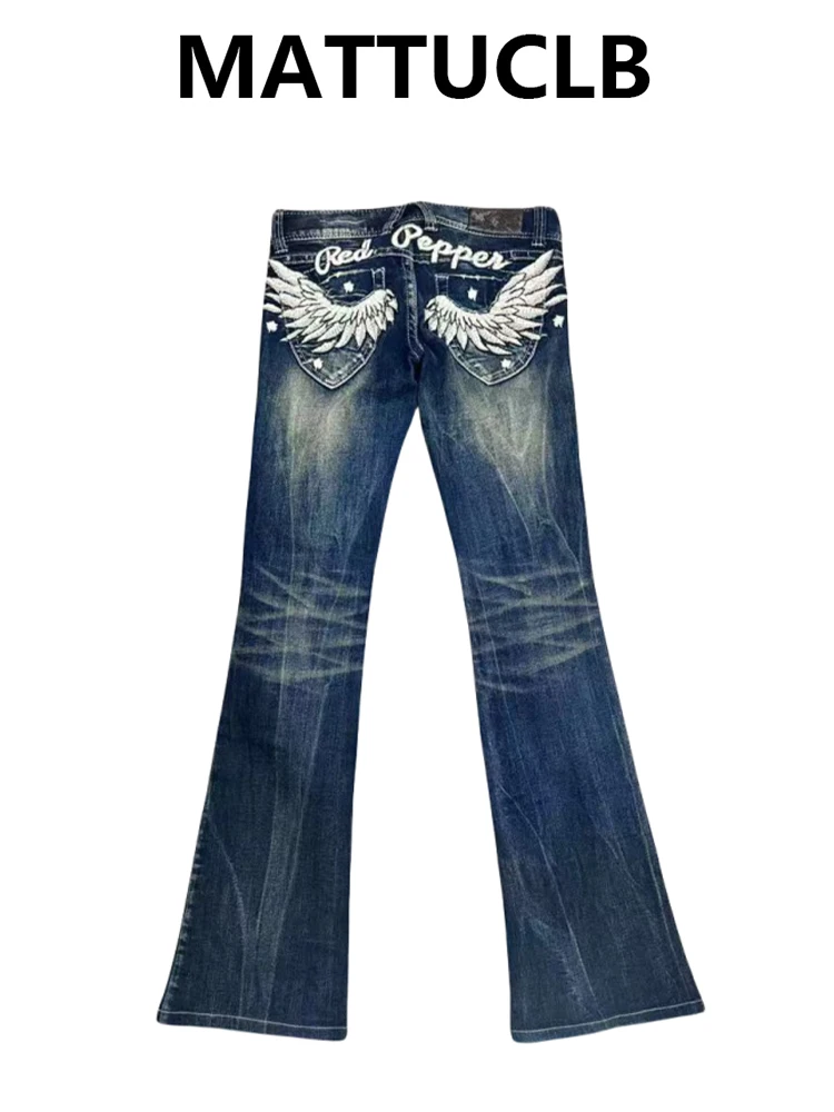 

2025 Autumn Winter Women's Denim Pants Low Rise Jean Stacked Jeans Embroidery Bell Bottom Japanese Y2k Cowboy Gyaru Bootcut Jean