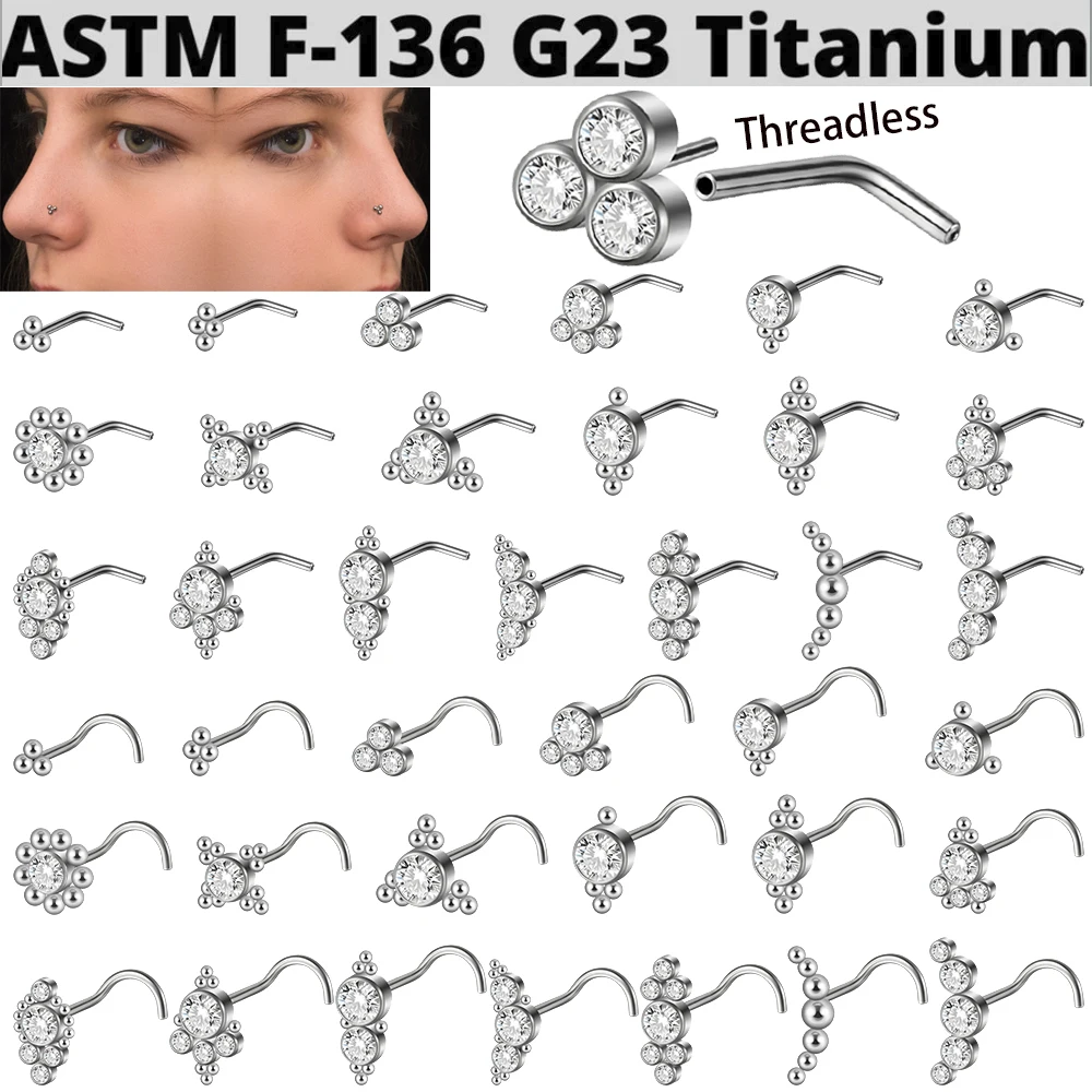 1PC Titanium 20G CZ L Shape Nose Bone Ring Top Flower Threadless Nose Piercing Retainer Holder Nazir Stud Body Piercing Jewelry