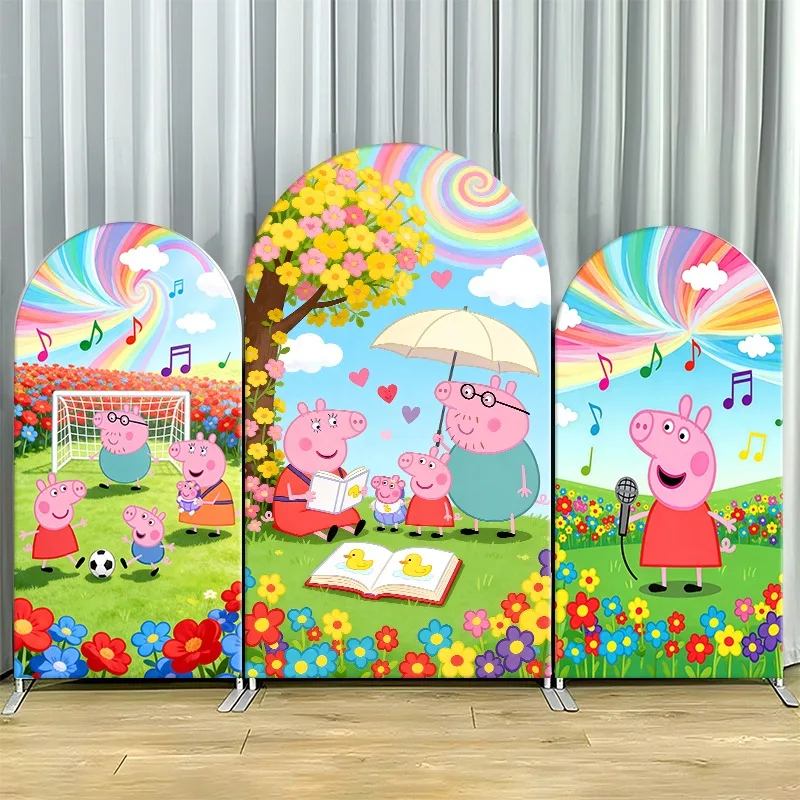 2D Flat Arch Backdrop Cover Single Layer Non-Stretch Fabric Colorful Peppa Pig Themed Party with Panels Featuring Rainbow Tree