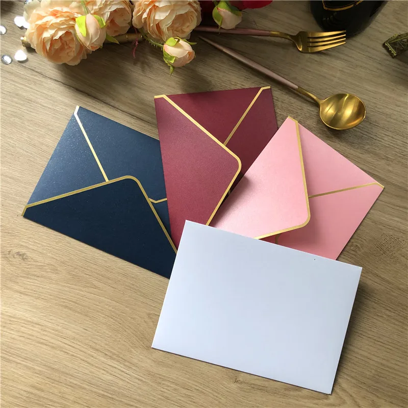 50 Pieces 250gsm Pearl Paper White Pink Envelopes Gold Edge Vintage Wedding Party Invitation Gift Envelope 138x195mm EN01