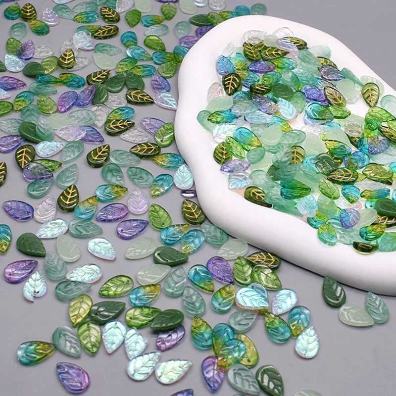30/60 sztuk worek 11X18mm koraliki szklane liście liście przezroczyste zielone luźne koraliki dystansowe Charms wisiorki czeskie szkło DIY akcesoria