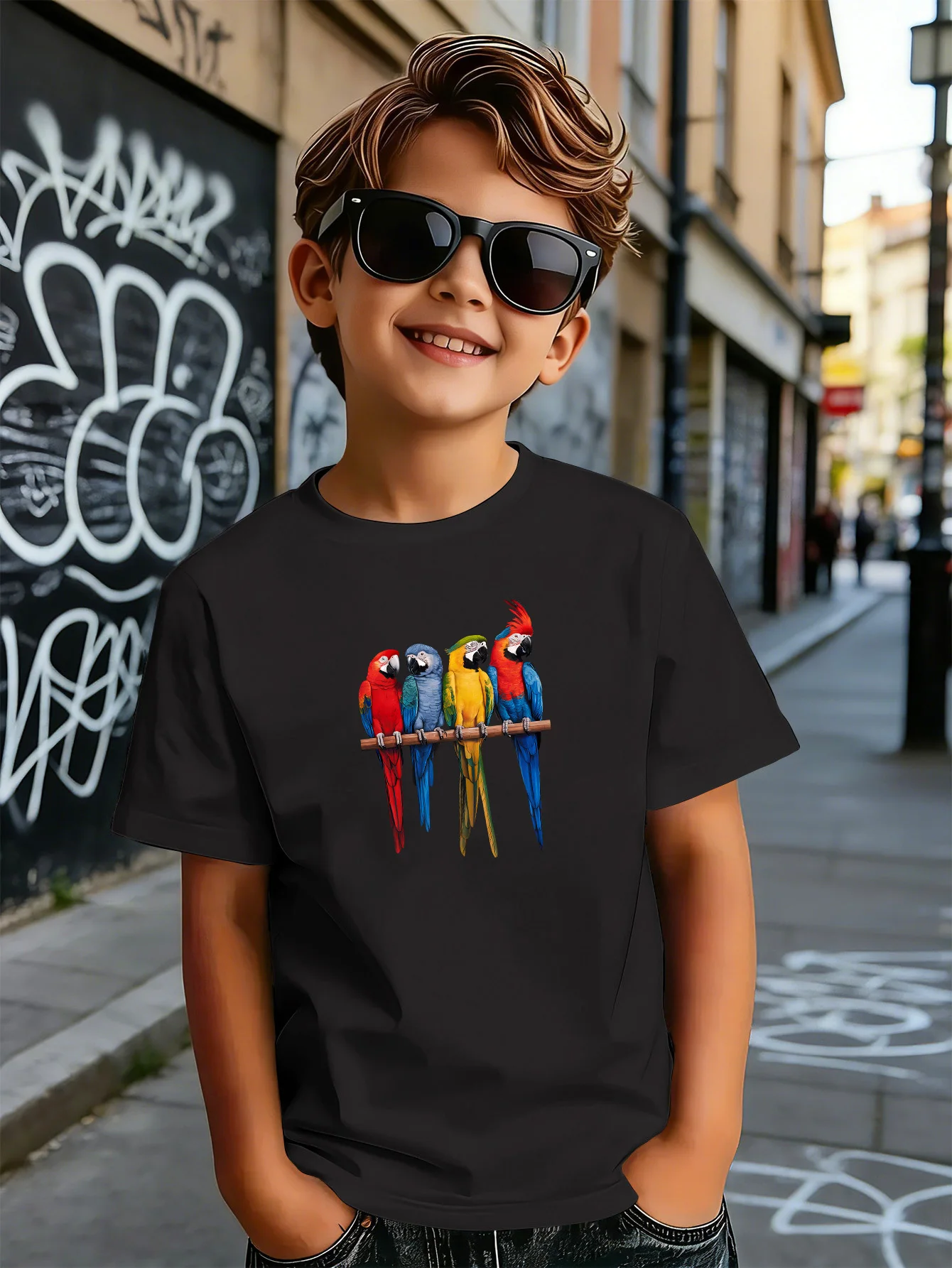 Vibrant Four Macaw Parrots On Branch Print Boys Girls Family Matching Cotton Short Sleeve Crew Neck Soft Summer Kids Casual Tees