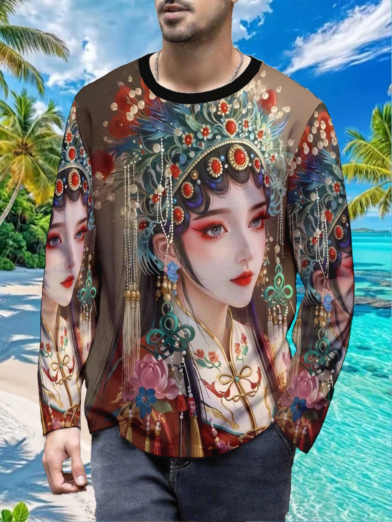 Chinese Opera Peking Opera Actor Drama Mens Polyester Long Sleeve T Shirt Traditional Chinese Culture Print Graphic Tee Vintage