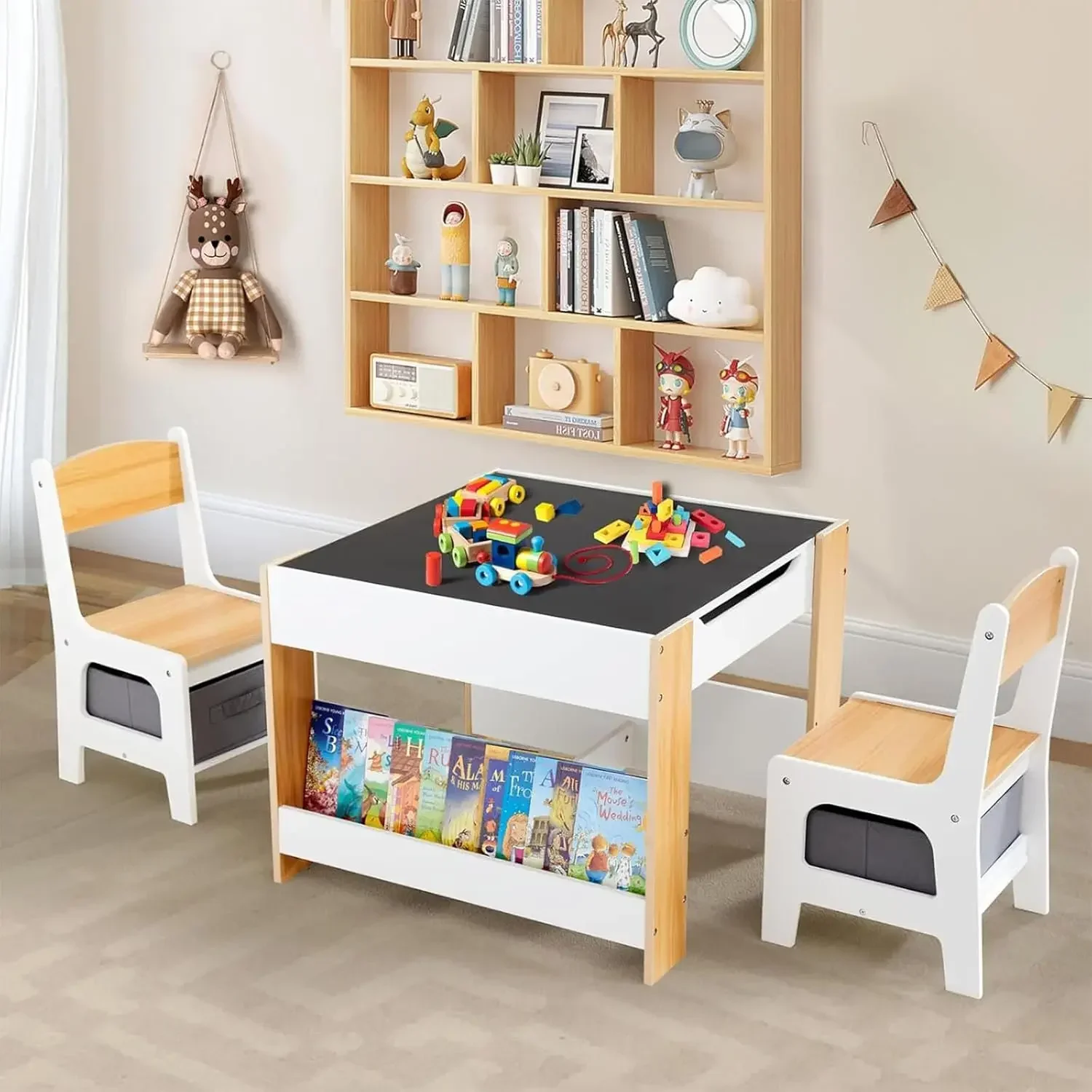 Kids Table and Chair Set,4 in 1 Toddler Desk with Storage Drawer,Wooden Activity Table for 2 in 1 Detachable Tabletop,Bookshelf,