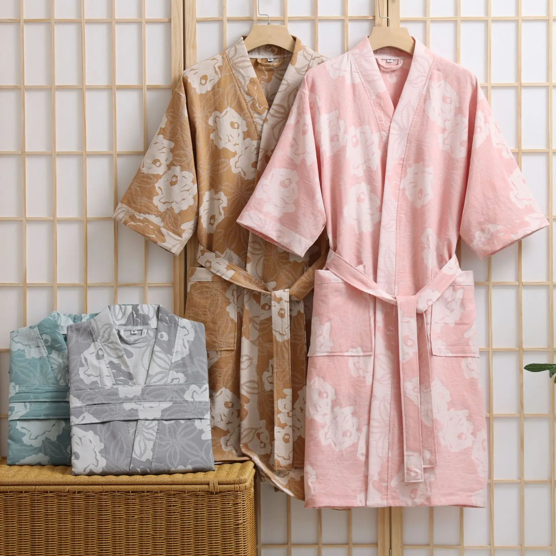 

Cotton Double Gauze Women's Bathrobes for Spring and Summer Couples Loungewear Half Sleeve Absorbent Quick-drying Bathrobe