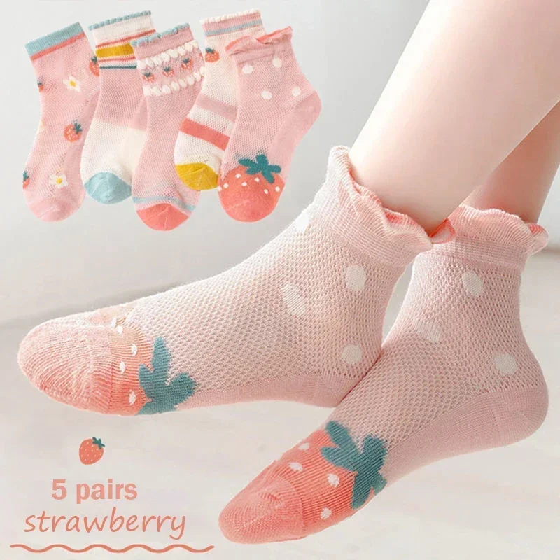 

5Pairs Children Socks Mesh Ventilate Thin Boys Sports Socks Summer 2-14 Year Old Cute Cartoon Girl Mid Length Socks