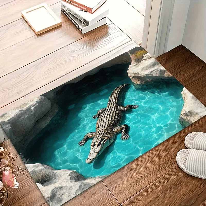 Crocodile 3D Printed Flannel Rug Water Scene Indoor Floor Mat Jungle Animal Design Home Decor Living Room Entryway Art Unique