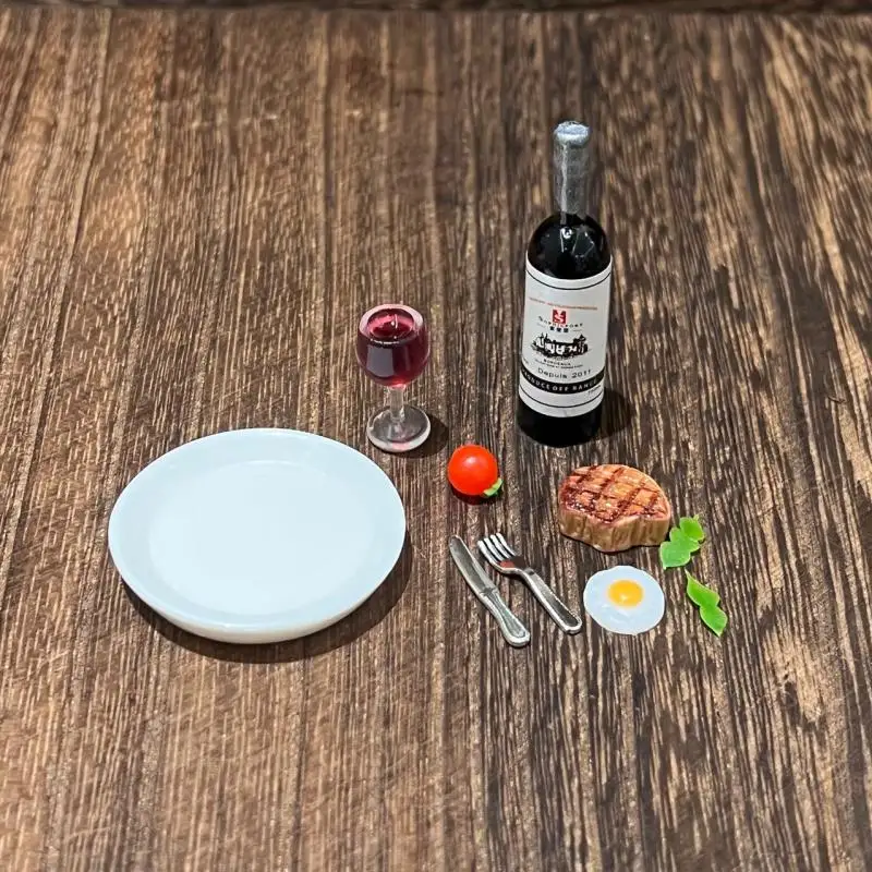 Set Mini Dollhouse Kitchen, Simulation Model with Wine and Steak Kit, 1:12 Scale Home Decor Accessories