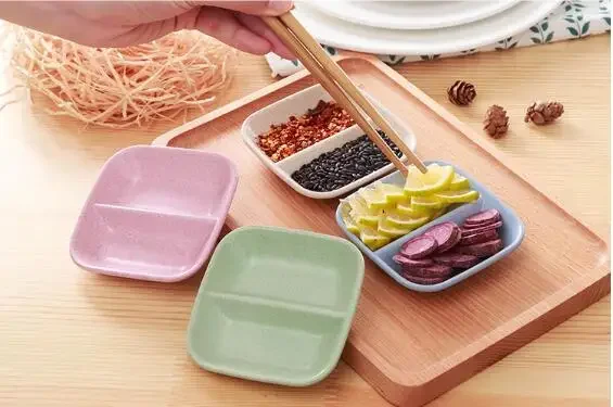 

2PCS Wheat Straw Seasoning Dish Multi-purpose Drain Calvings Sauce Vinegar Tableware Divider Convenience Items Tools Accessories