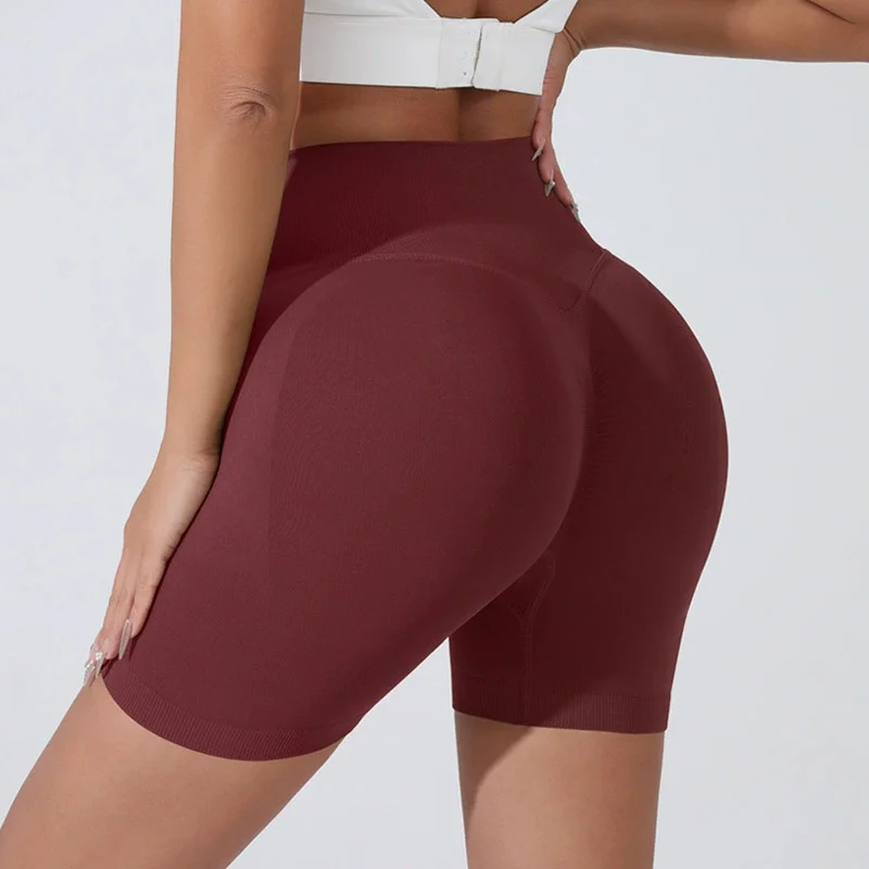 Pfirsichfarbene Hüftstraffende Sportshorts für Damen, Hohe Taille, Bauchstraffend, Schnelltrocknende Lauf- und Trainingshose, Enge Dreiviertel-Shorts – Detail 9