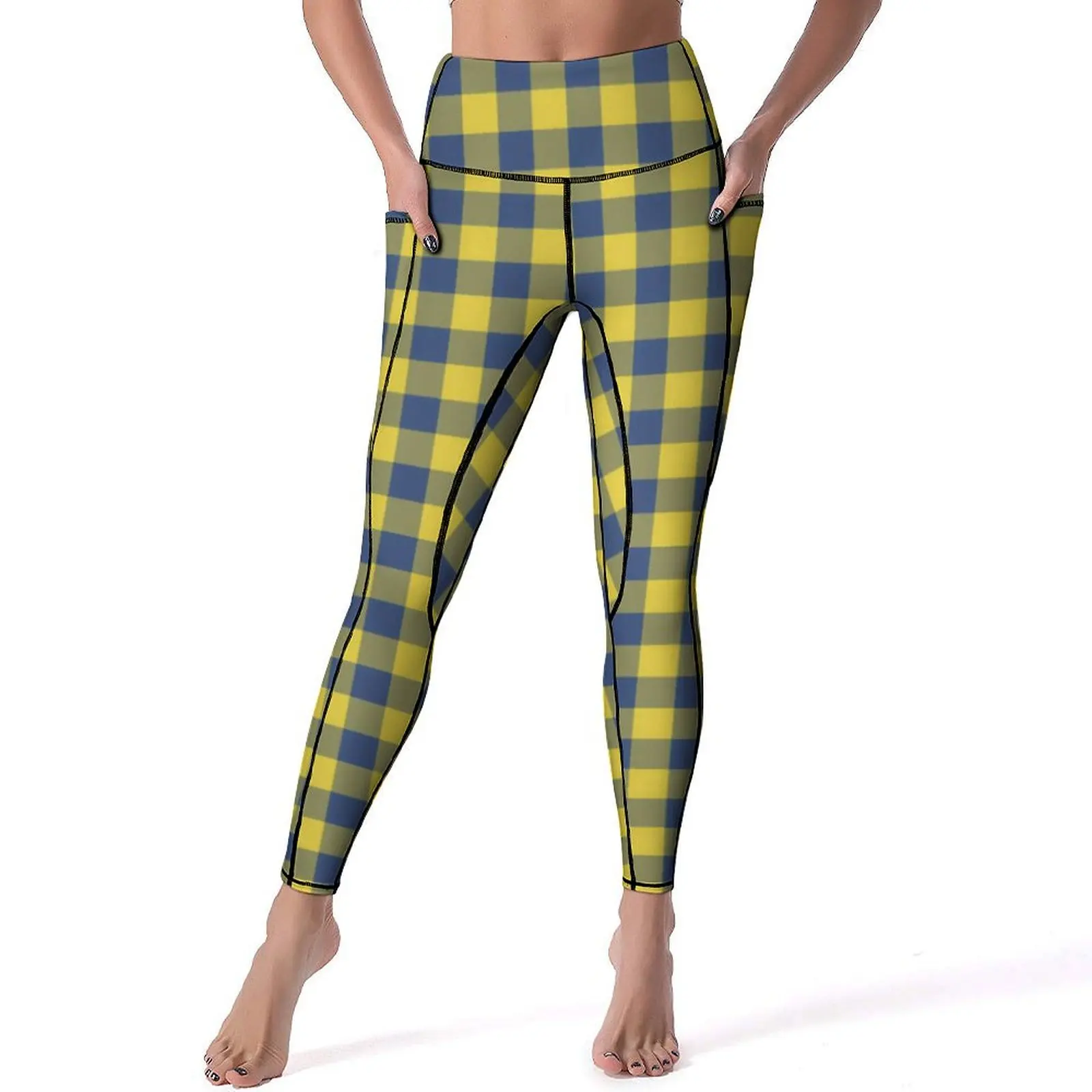 

Retro Plaid Yoga Pants Yellow And Blue Fitness Leggings Push Up Stretch Sport Pants Casual Graphic Yoga Legging Birthday Present