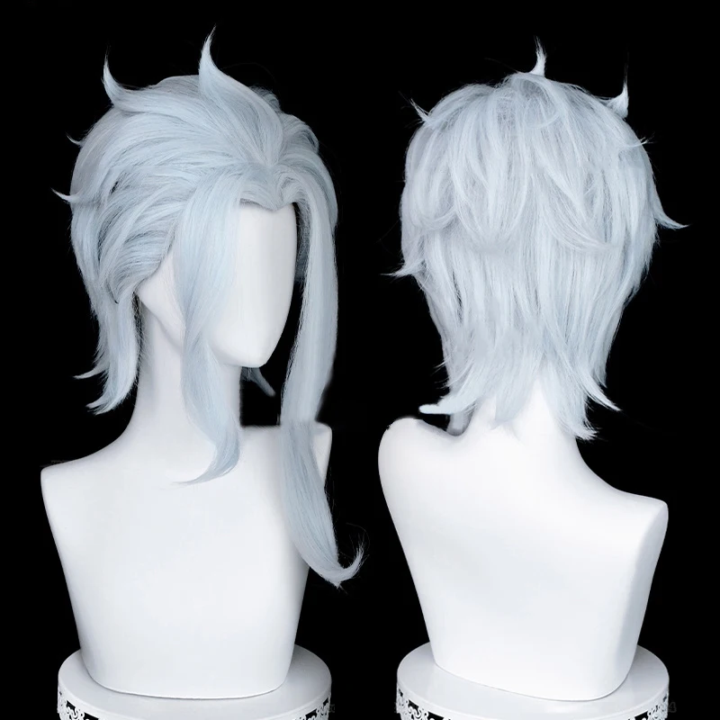 Genshin impacto dottore cosplay peruca 50cm curto luz azul falso cabelo resistente ao calor sintético fatui médico ii dottore dia das bruxas pa