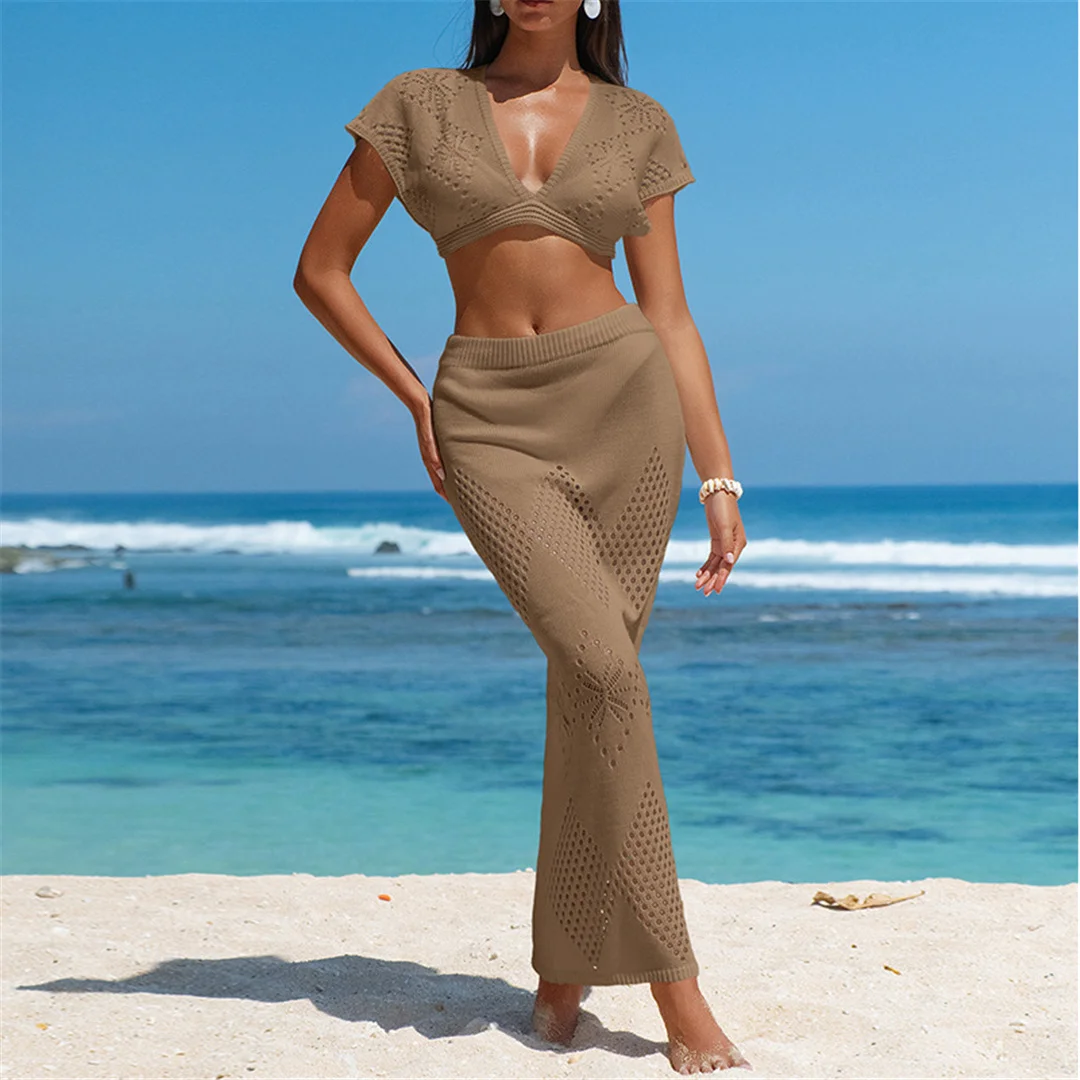 V-Ausschnitt, kurze Ärmel, gehäkeltes Strickmuster, zweiteiliges Set, Strandkleid, Strandmode, Strandbekleidung, Strandüberwurf, Damen, V6703 – Detail 12
