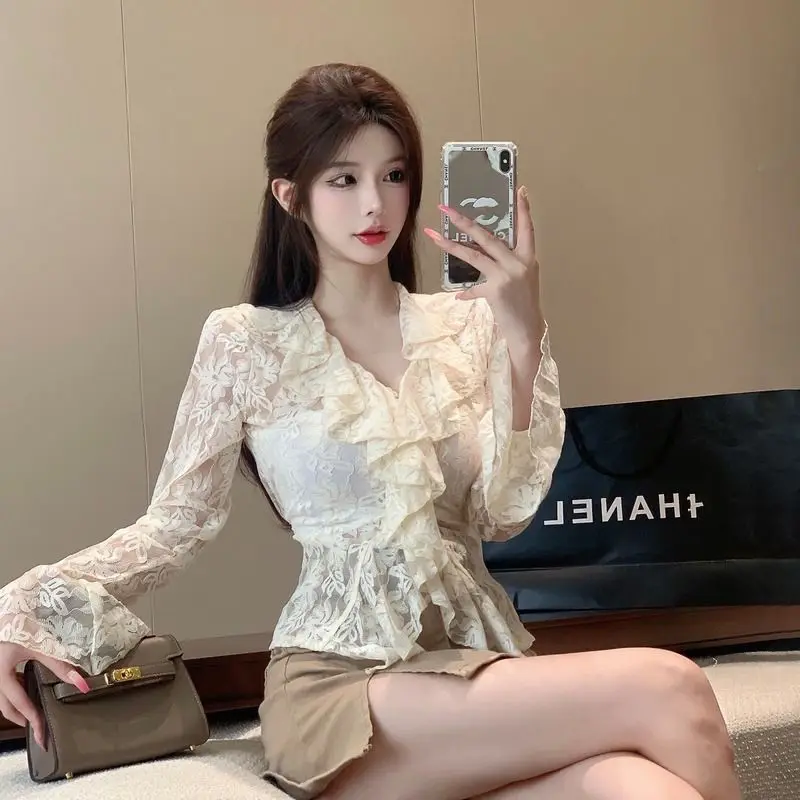 Stylish Solid Color Spliced Lace Ruffles Blouse Female Clothing 2023 Spring Summer New Casual Pullovers Flare Sleeve Chic Shirt