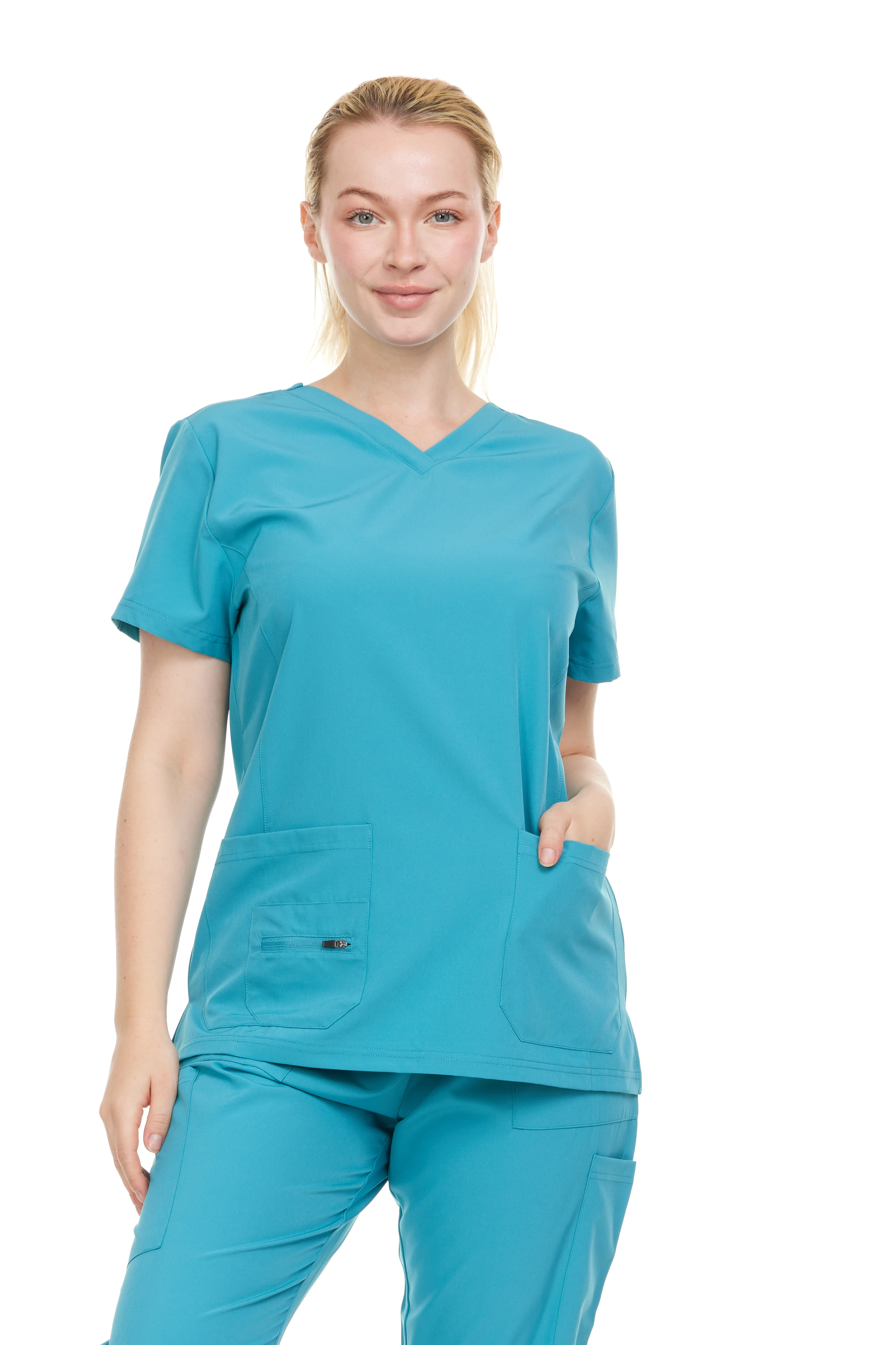 HEAL+WEAR Women Mock Wrap Scrub Top V-Neck Short Sleeve  With Pockets 4-Way Stretch