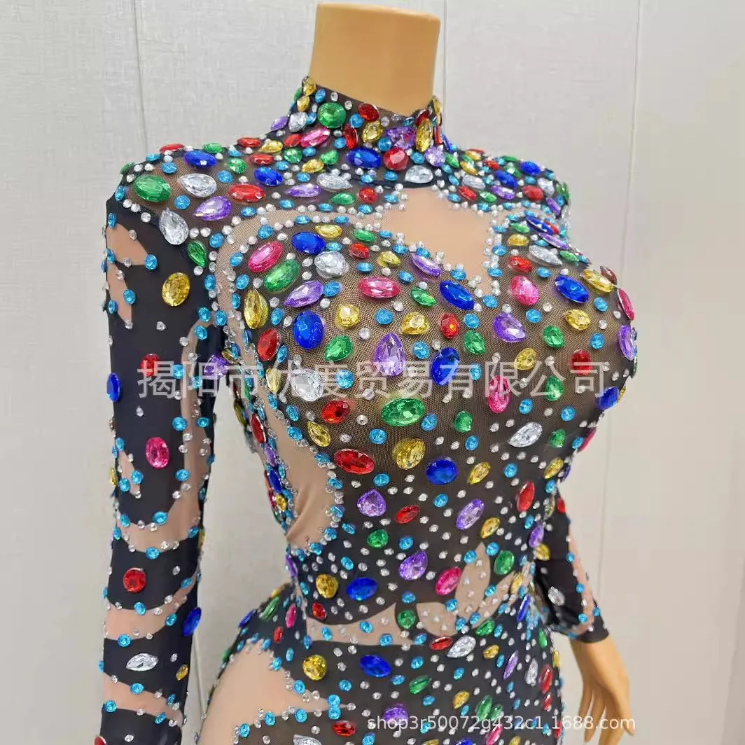 Colorful Rhinestones Tight One-piece Glam Perspective Mesh Birthday Dress Cocktail Party Dance Night Squid Vestido Festa Luxuoso