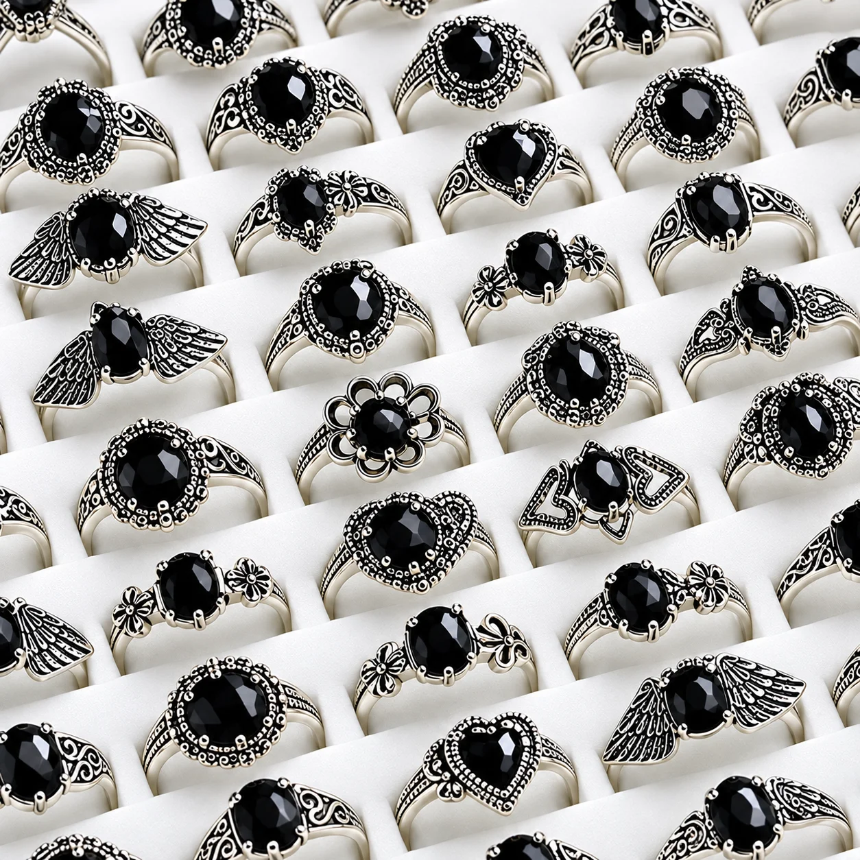 50pcs/lot Mixed Design Black Resin Ring Set Vintage Silver Plated Adjustable Finger Rings for Women Bulk Jewelry Lot