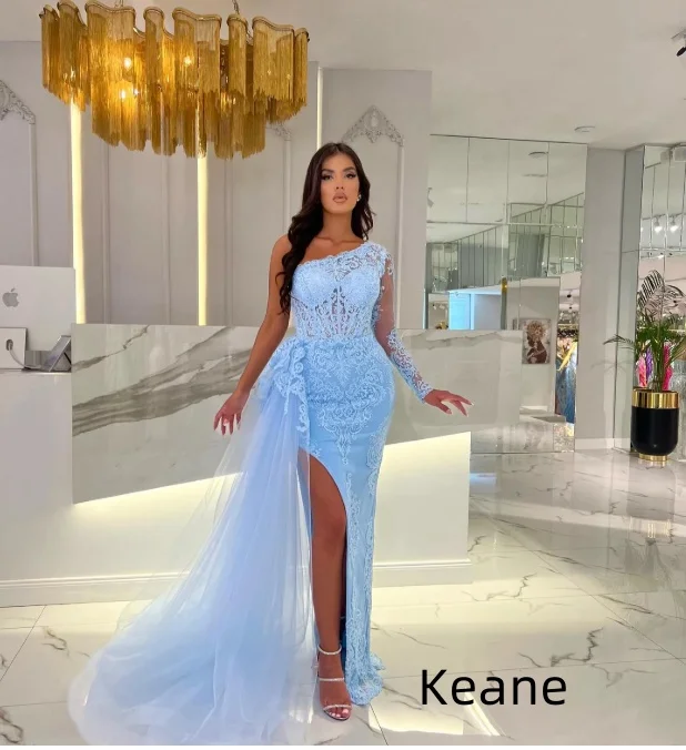

Sky Blue Illusion Slit Mermaid Applique Evening Dress vestido de festa Islamic Dubai Kaftan Saudi Arabic Evening Prom Dress