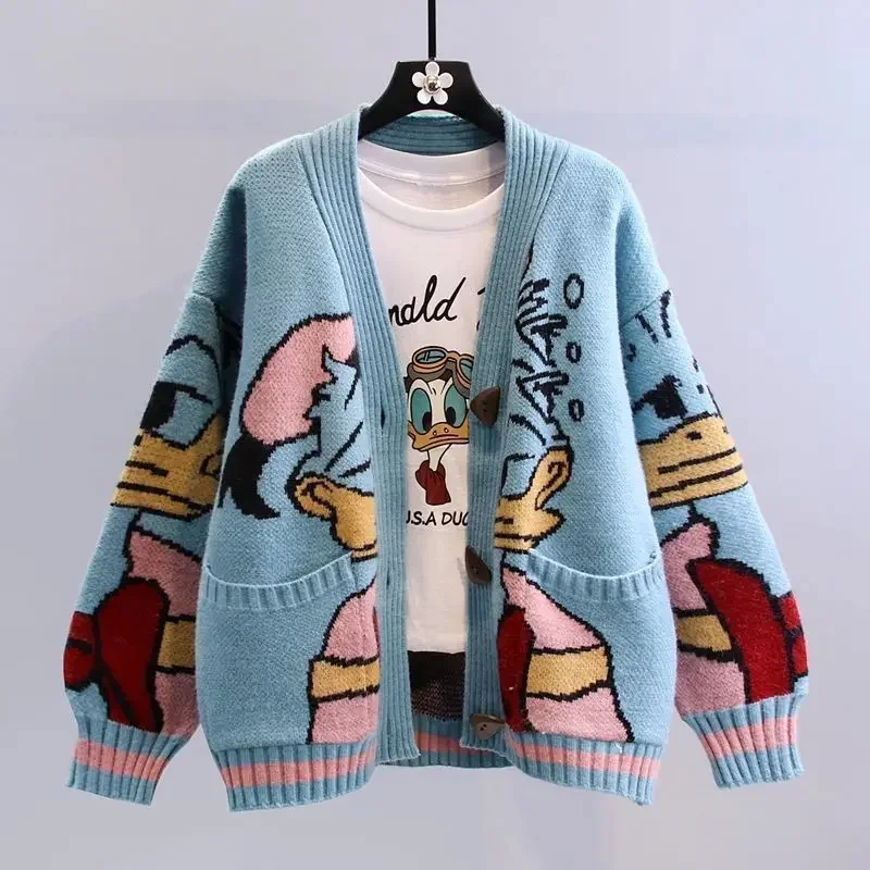 Disney-Cardigan Donald Duck avec manches longues pour femme, pull de dessin animé mignon, gilet décontracté