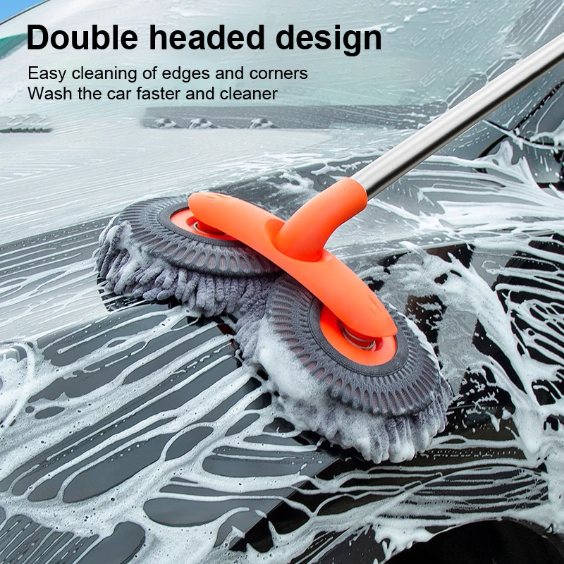 Rotating Double Brush Head Car Wash Mop Auto Supplies Three-Section Telescopic Mop Roof Window Cleaning Maintenance Accessories