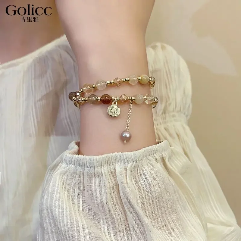 Double-layer Tea Crystal Beaded Bracelet for Girls 2024 New Niche Design High-end Exquisite Crystal HandString For Women Jewelry