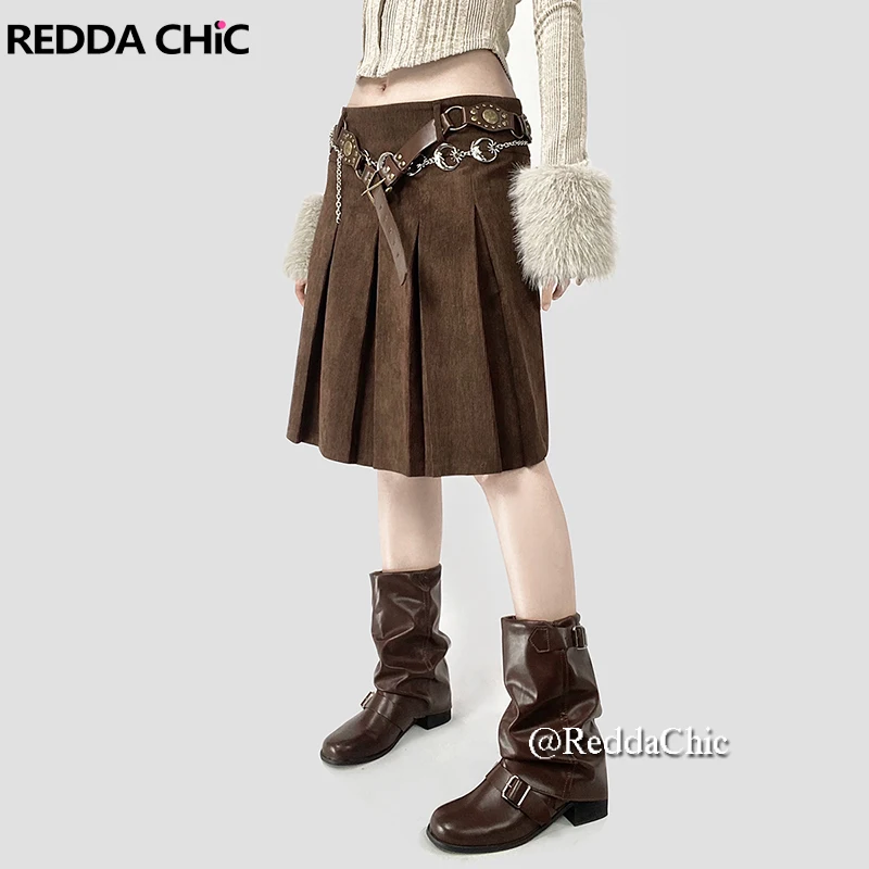 REDDACHiC Women Brown Corduroy Pleated Skirt Casual Solid High Waist A-line Slim Fit Knee Long Skirt Teen Girl Vintage Clothes