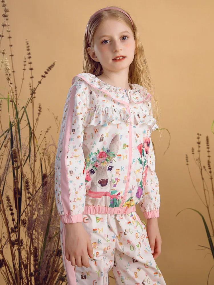 Cute Ruffled Long Sleeve Top and Printed Pant Set Girl Outfit