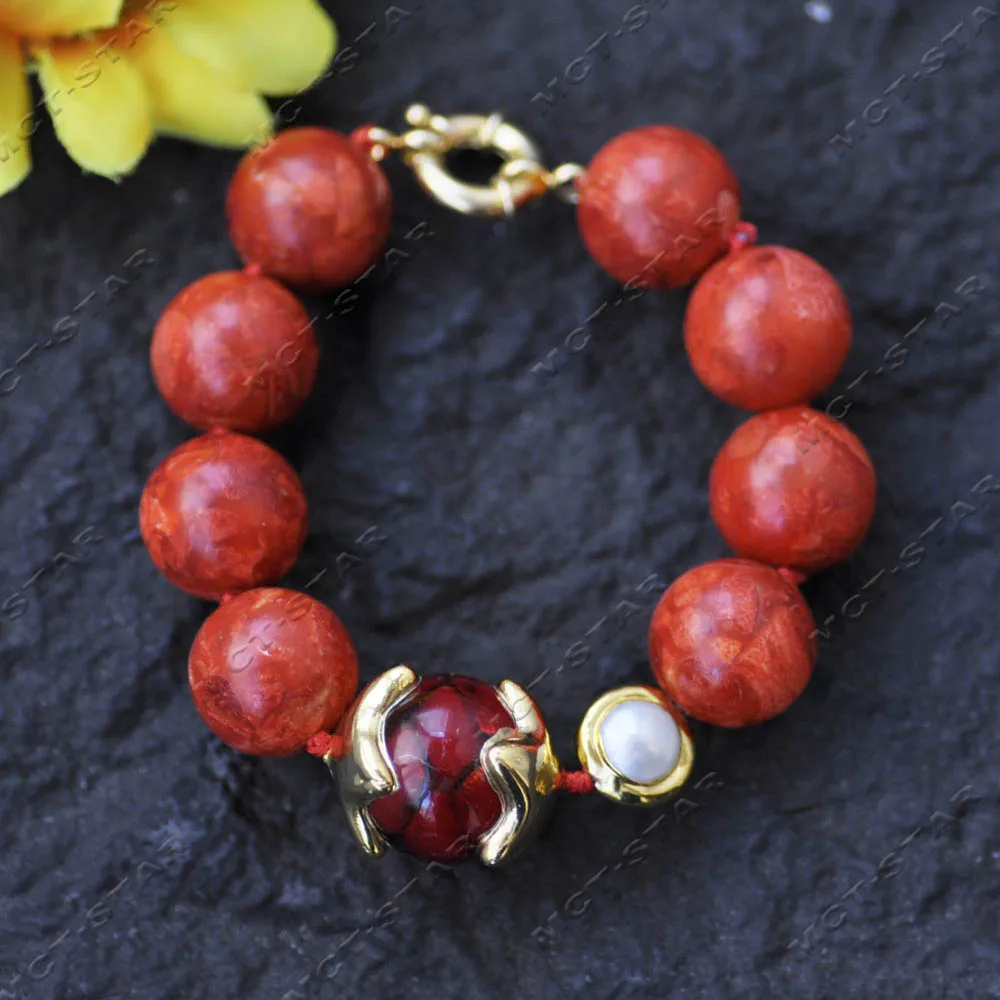 Z14593 8'' 24mm Natural Red Round Grass Coral Flame Murano Glass White Pearl Bracelet