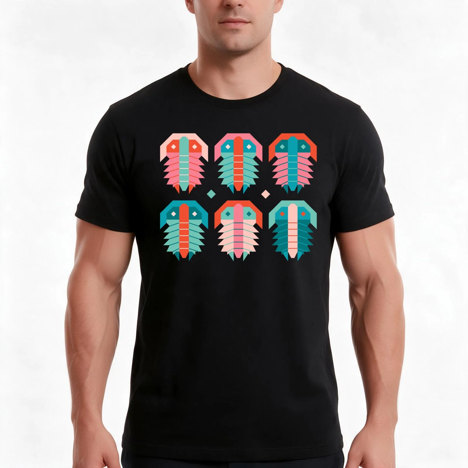 Geometric Trilobite Fossil Folk Art - Coral and Aqua T-Shirt, Summer Casual Cotton Tee, Oversized Streetwear Tops, 100% Cotton