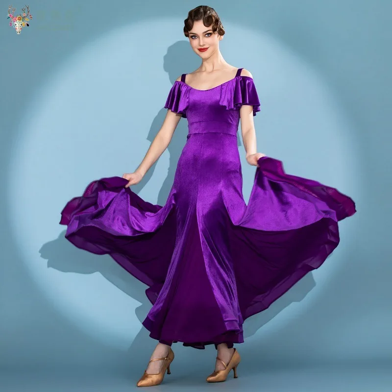 

Modern Dance Performance Dresses for Women's High End Elegant Violet Velvet Big Swing Dress Waltz Ballroom Dancing Clothing