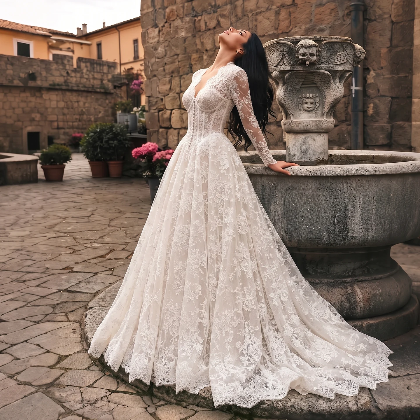 Sheer Fairy Wedding Dresses Luxurious V Neck A-Line Lace Button Sheer Corset Dubai Bridal Gowns with Big Train SW693 Customized