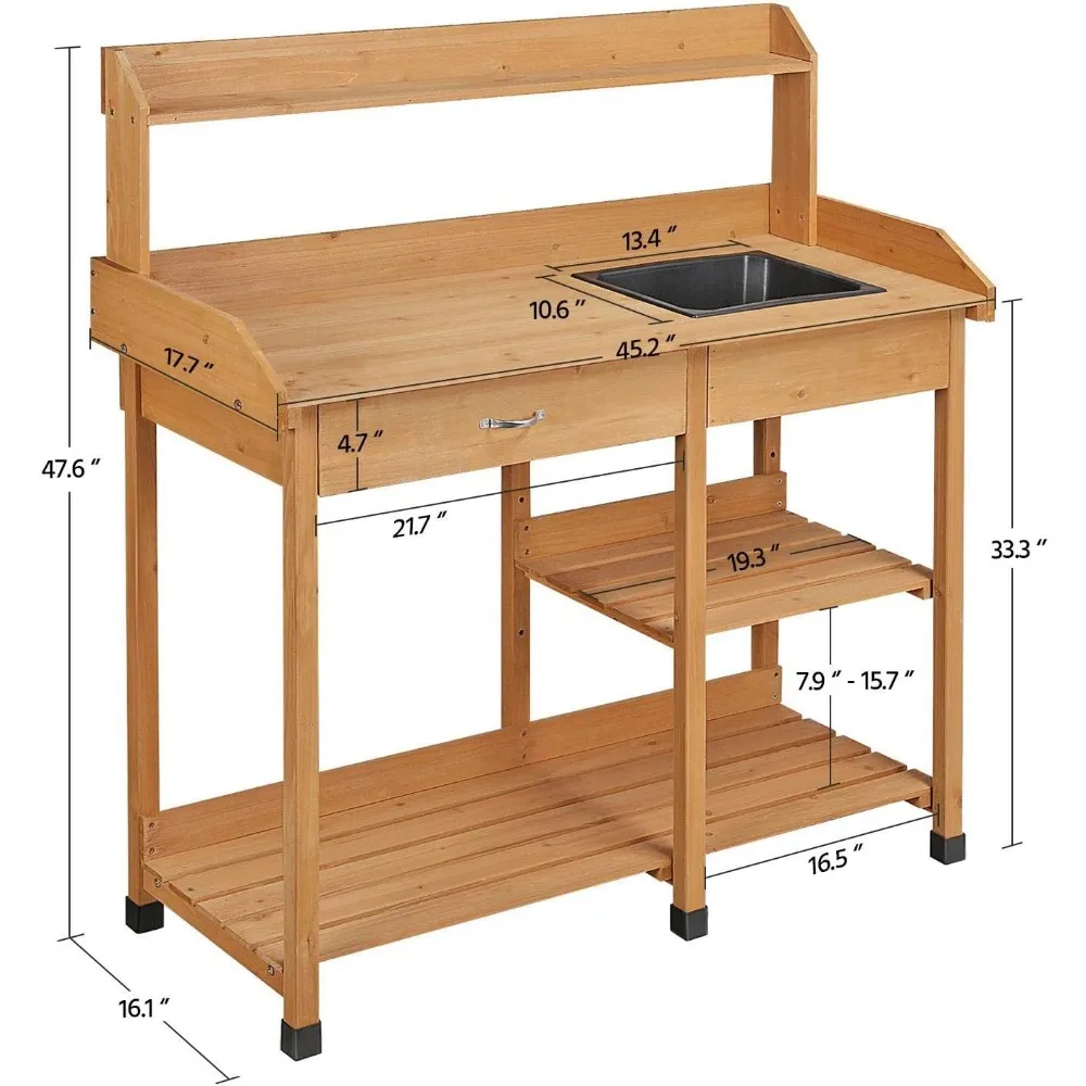 Oppotbanken Buiten Tuin Oppottafel Werkbank met Afneembare Gootsteen Lade Rek Planken Werkstation 45.2x17.7x47.6''