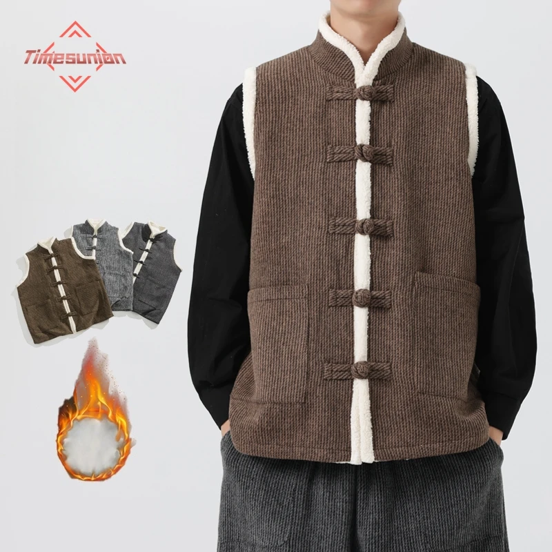 

Vintage Japanese Style Round Buckle Waistcoat Men Winter New Solid Color Thick Multi-pocket Waistcoat Casual Cardigan Warm Vest