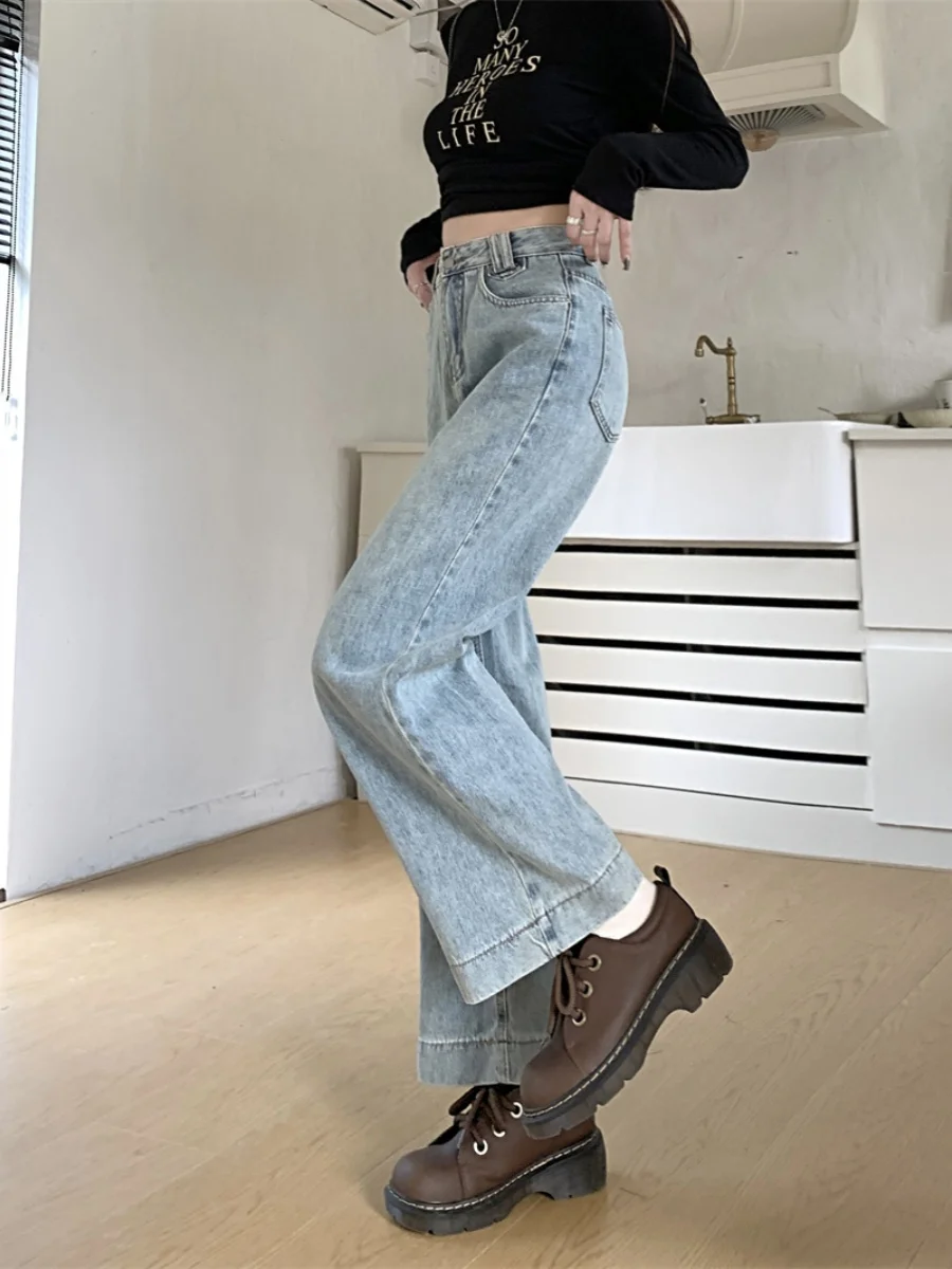 

Boyfriend Jeans For Womens Button Fly Zipper Closure Belted Buckle Adjustable Waistband Female Denim Fashion Basic Simple Fall