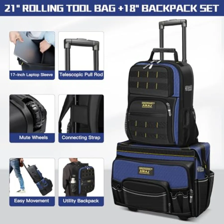 21 حقيبة أدوات المتداول مع عجلات 18 أداة حقيبة الظهر مجموعة قابل للتعديل تصغير مقبض مقاوم للماء أداة حقيبة أداة على ظهره الثقيلة Du #3