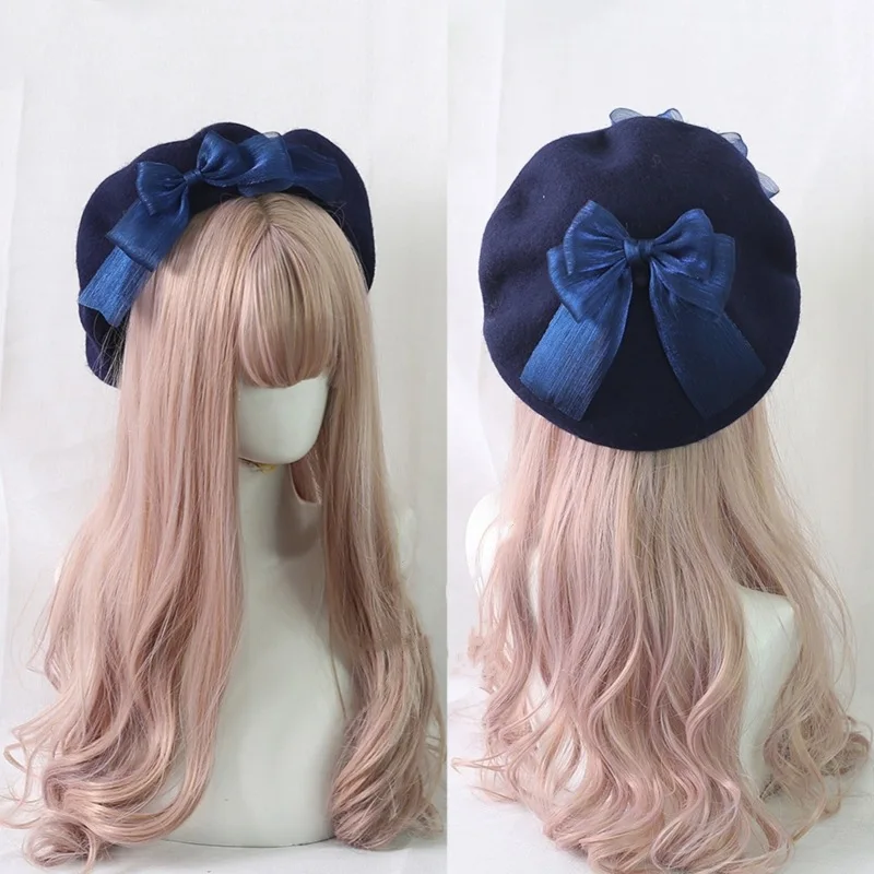 

Fashion Japanese Women Girls Big Bow Hair Ball Berets Hat Sweet Lolita Beret Beanie Artist Cap Harajuku Female Winter Warm Hats
