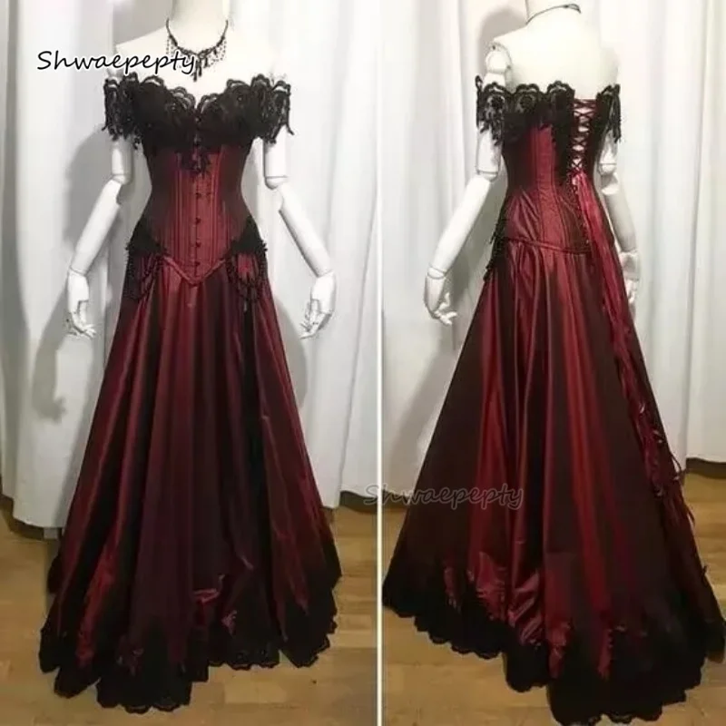 Vintage viktorianisches Korsett-Abschlussballkleid, Burgunderrot und Schwarz, gotisches formelles Partykleid, Spitzenapplikationen, schulterfrei, Vestido, individuell