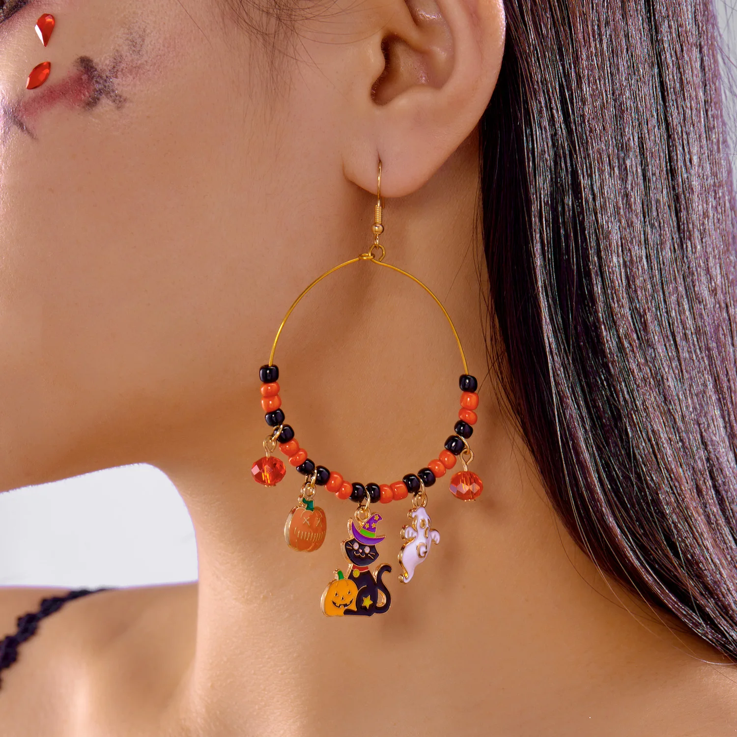 Design Sense Halloween-Kürbis-Katzen-Ohrringe für Frauen, übertriebene Reisperlen, großer Kreis, Creolen, festlicher Party-Schmuck – Detail 1