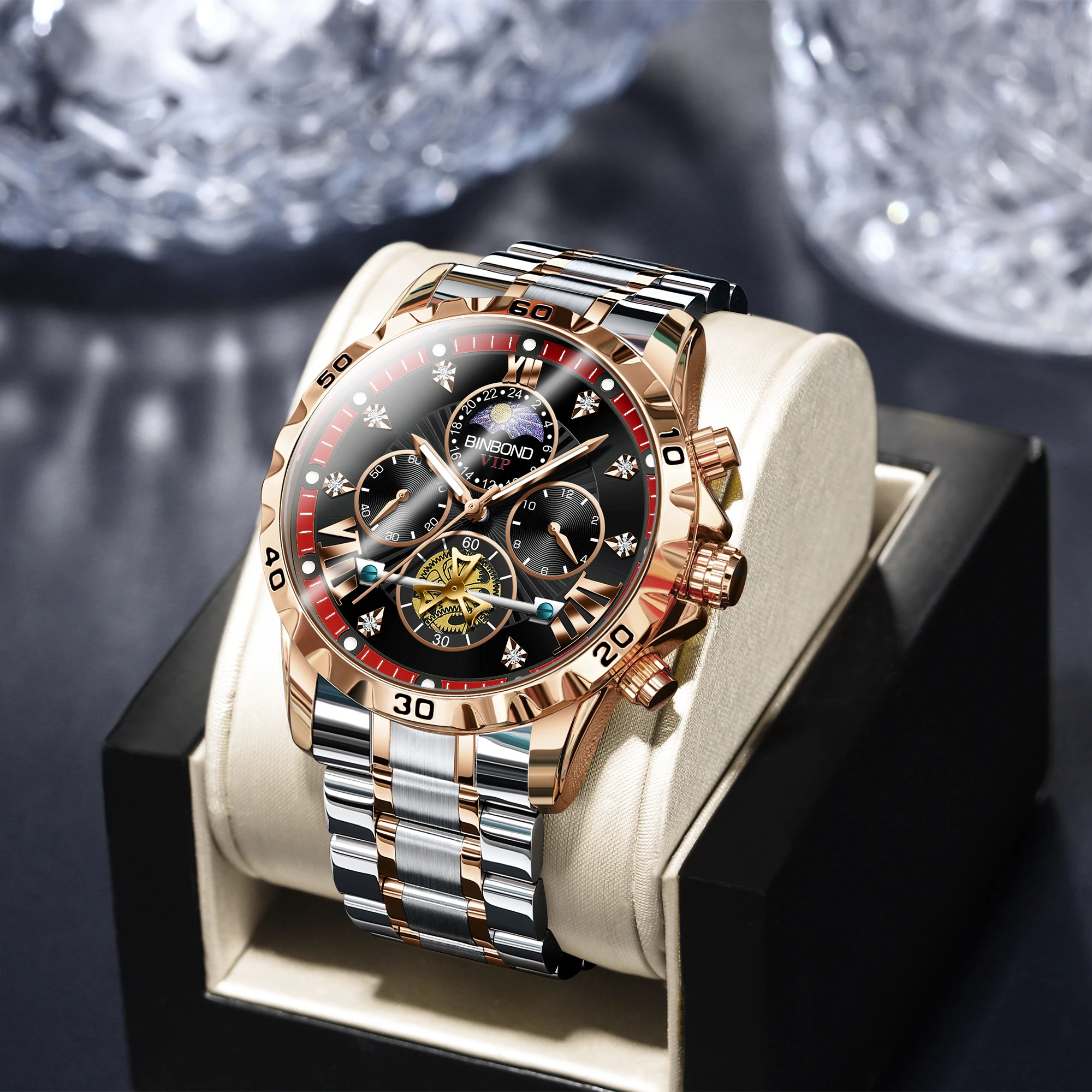 BINBOND Tourbillon Orologio da lavoro Impermeabile Luce notturna Data Orologio da uomo con striscia in acciaio Orologio da uomo di moda di lusso