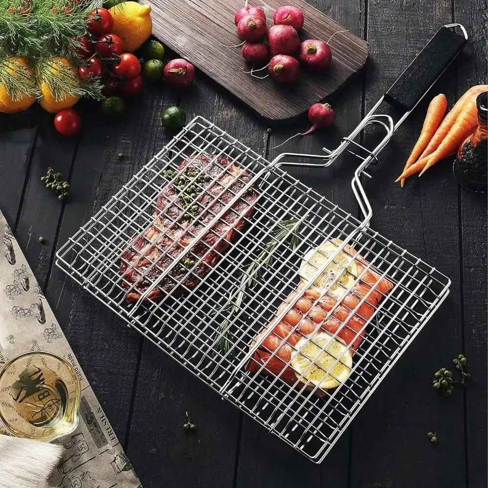 Folding Portable Outdoor Camping Stainless Steel BBQ Rack With Removable Handle Grilling Basket Barbeque Griller Cooking Tools