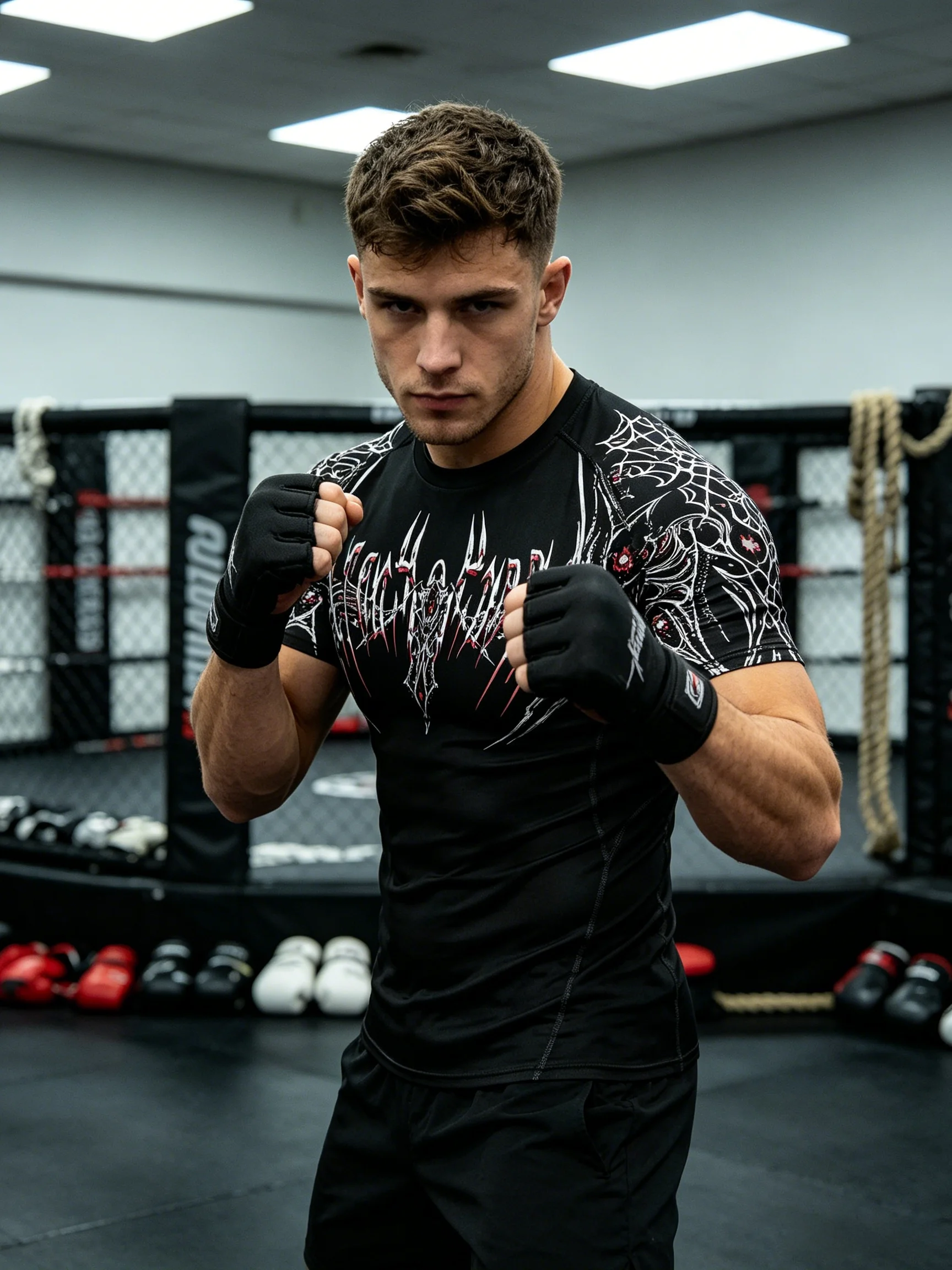 Men's Dark Gothic Print Short Sleeve Raglan Crew Neck Compression Rashguard Lightweight MMA BJJ Grappling Boxing Sportswear