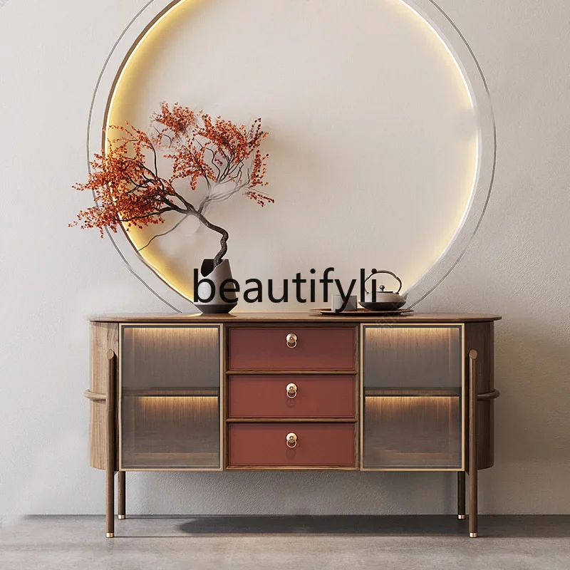 

LJYNew Chinese light luxury dining side cabinet entry solid wood simple porch cabinet locker, retro double door