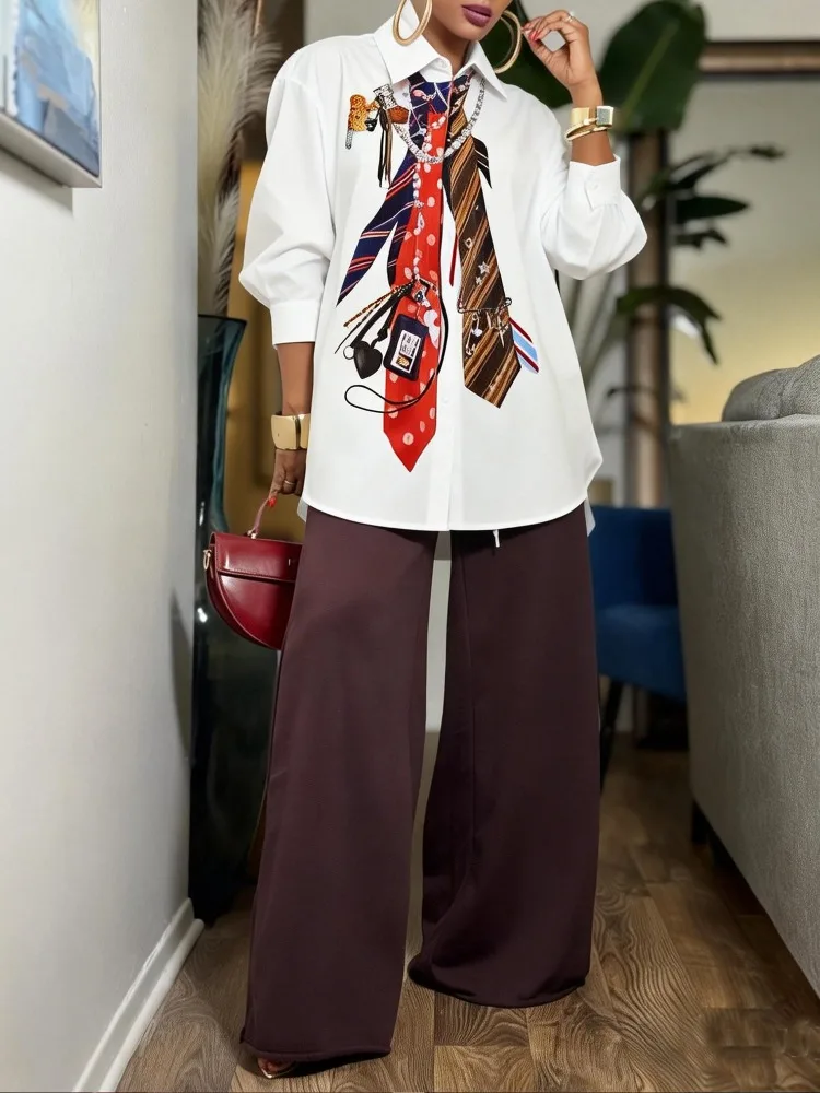 

Yeezzi 2026 New Trendy Tie Printed White Shirts For Women Puff Sleeves Loose Buttoned Asymmetric Hem Streetwear Blouses