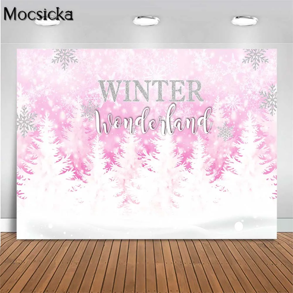 

Mocsicka Winter Wonderland Pine Tree Forest Snow Photography Backdrops Pink Snowflake Girl Birthday Party Photo Background Decor