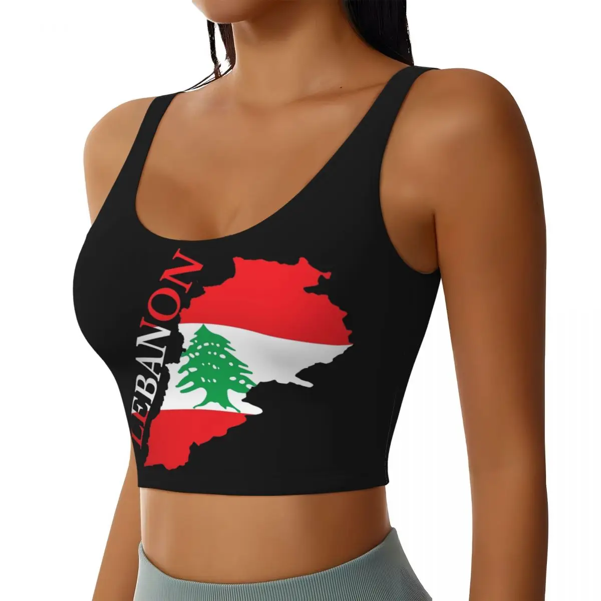 

Custom Lebanon Flag Map Women Sports Bra High Impact Vest Gym Workout Yoga Crop Tank Tops