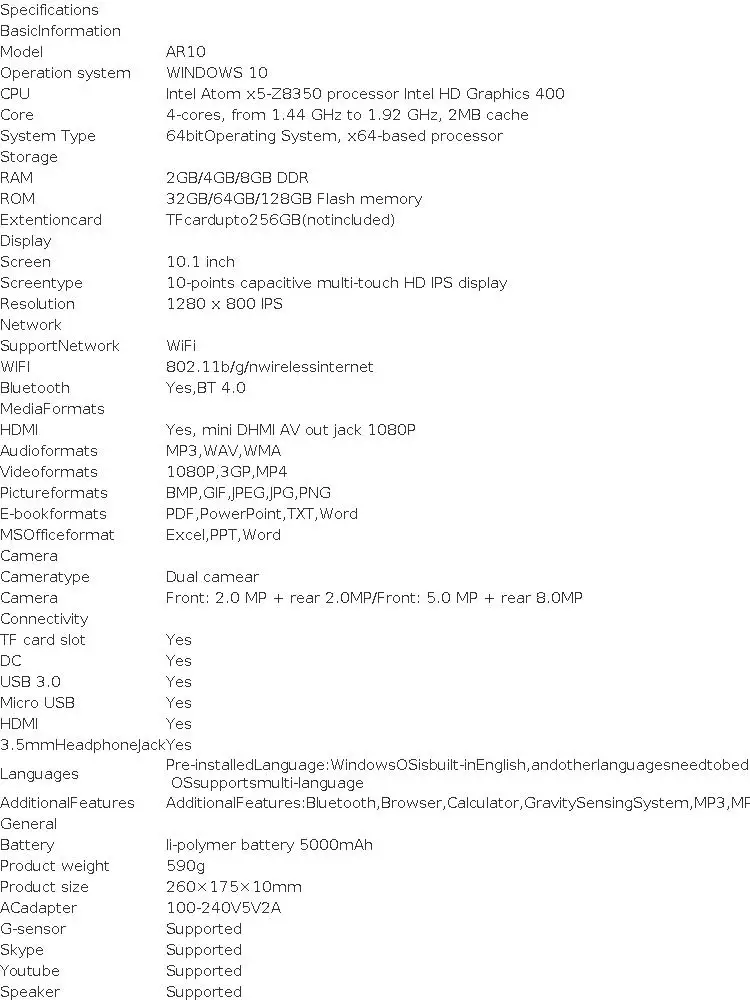 64-bit 10.1 INCH Windows 10 Tablet 4GB/8GB RAM 64GB/128GB ROM Intel Atom X5-Z8350 CPU Dual Core 1280*800 IPS WIFI Bluetooth4.0