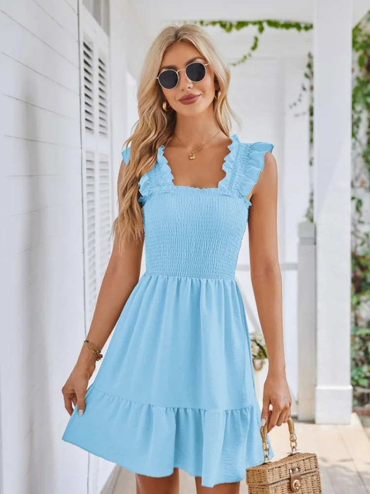 

Sister Star Fashion Solid Color Sleeveless Square Neck Pleated Backless Short Dresses Wholesale Comfortable Vacation Dresses