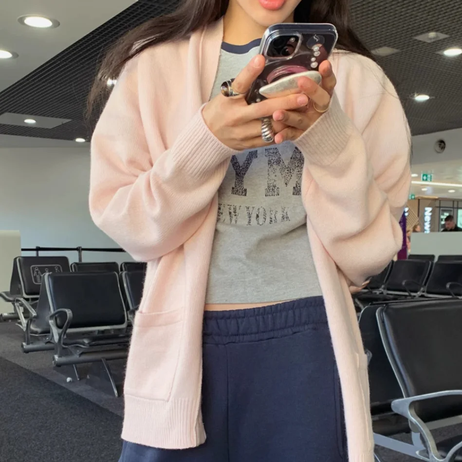 سترة نسائية محبوكة مفتوحة غير رسمية طويلة Sve V-Ne متوسطة الطول لون نقي للتنقل مع قبعات كبيرة كسول فايون #2