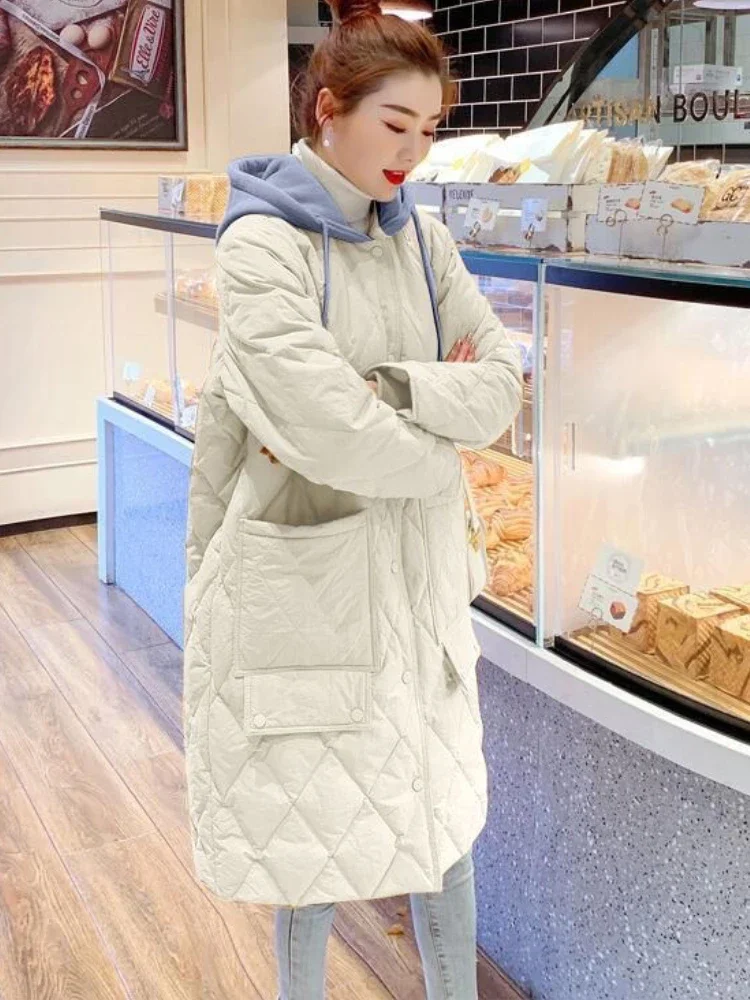 Jackets for Women 2023 Midi Length Winter Quilted Coat Hooded Patchwork Straight Cotton-padded Clothes Elegance Korean Fashion