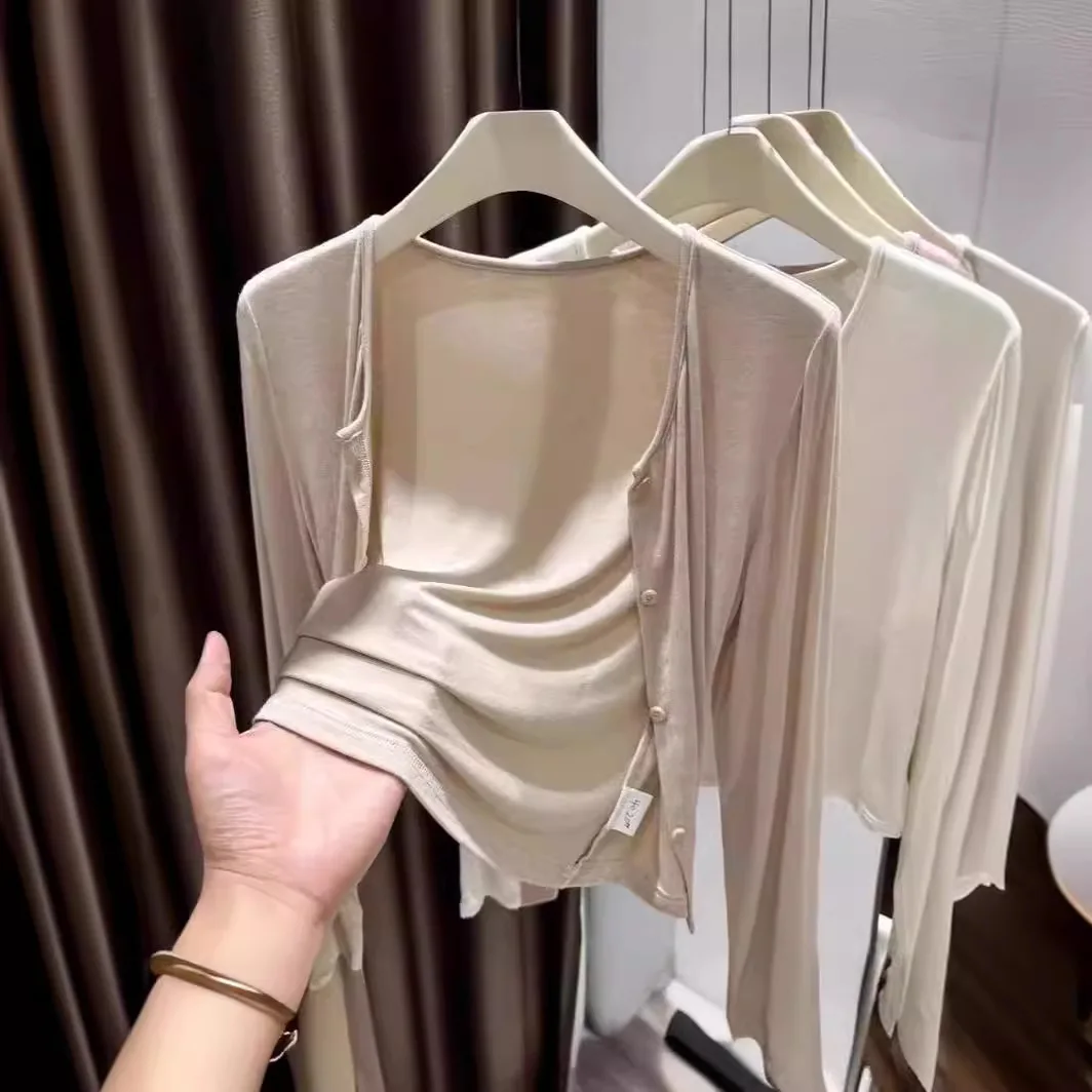 

Ice silk sunscreen cardigan for women in summer paired with camisole skirt as an outer top long sleeved shawl cover shirt